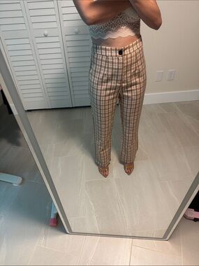 ROMWE Beige & White Plaid Straight-Leg Pants